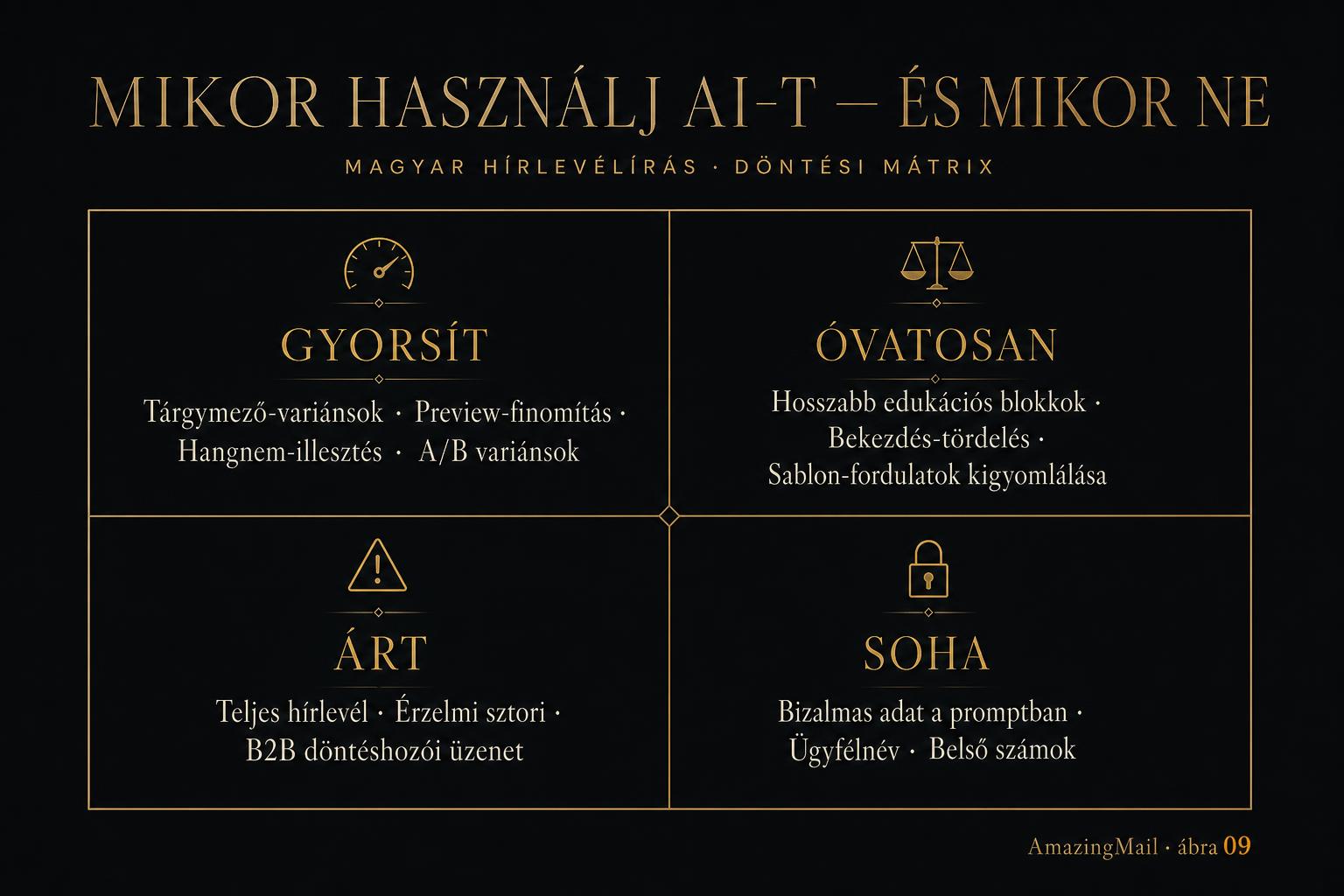 2x2 döntési mátrix — gyorsít, óvatosan, árt, soha kategóriákkal