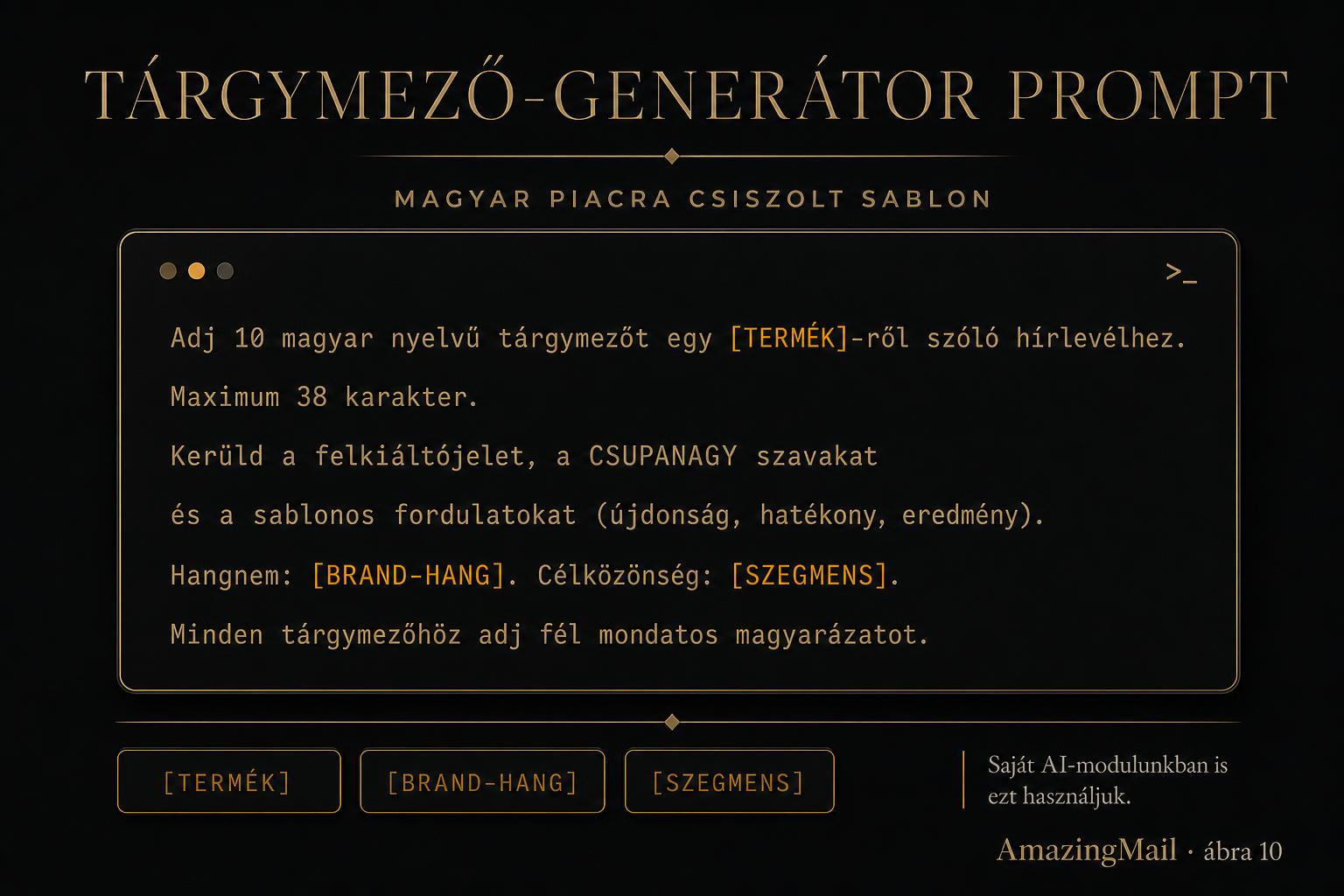 Tárgymező-generátor prompt sablon terminál-stílusú kártyán